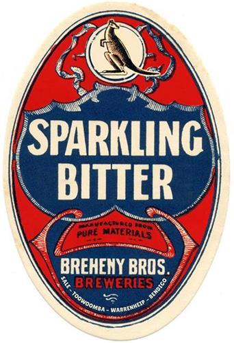 SPARKLING BITTER MANUFACTURED FROM PURE MATERIALS BREHENY BROS. BREWERIES SALE - TOOWOOMBA - WARRENHEIP - BENDIGO trademark