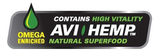 AVI HEMP OMEGA ENRICHED CONTAINS HIGH VITALITY NATURAL SUPERFOOD trademark