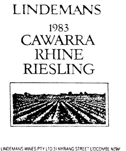 LINDEMANS, CAWARRA, RHINE RIESLING 1983 trademark